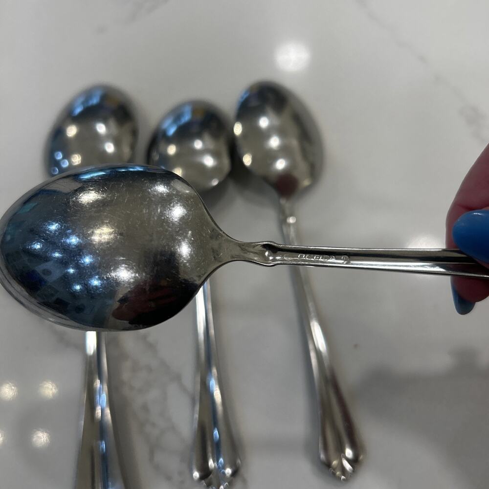 Vtg 4PC ONEIDA JUILLIARD Glossy Stainless CUBE 1 Serving Spoon 3 Dinner Spoons - Picture 8 of 8